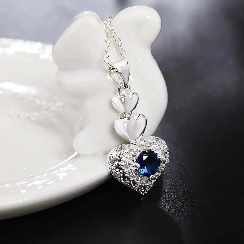 Beautiful 4 Pc Set Sapphire Heart Pendant, Earrings, & 18" Chain Sterling Silver - Picture 2 of 10